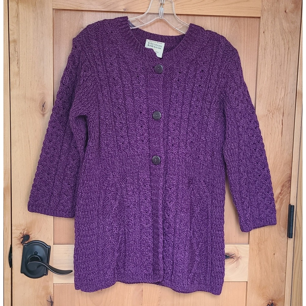 Kilronan Ireland 100%‎ Merino Wool Purple XS Cardigan Cable Knit Aran Irish - Picture 2 of 10